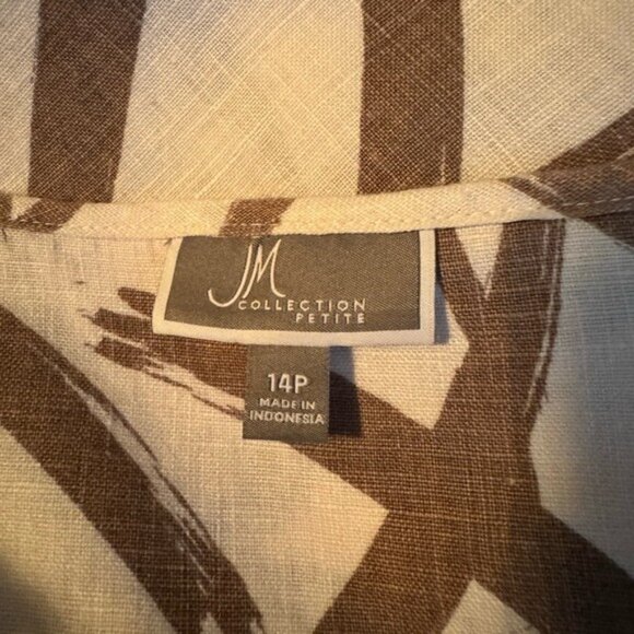 Womens Linen Button Up Top Blouse Size 14P Beachy Coastal Lagom Artsy Abstract - Picture 6 of 9